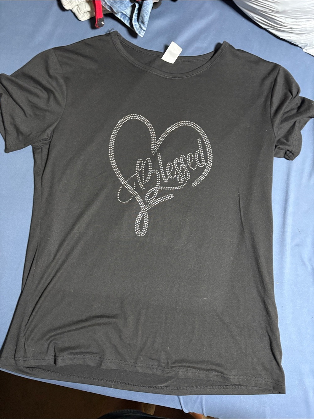 Black 'Blessed' Rhinestone Heart Tee